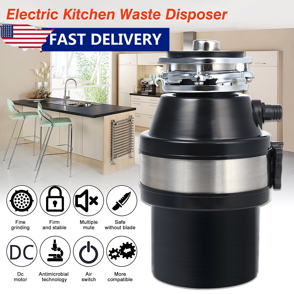 1/2HP Garbage Disposal Continuous Feed Kitchen Food Waste with Plug