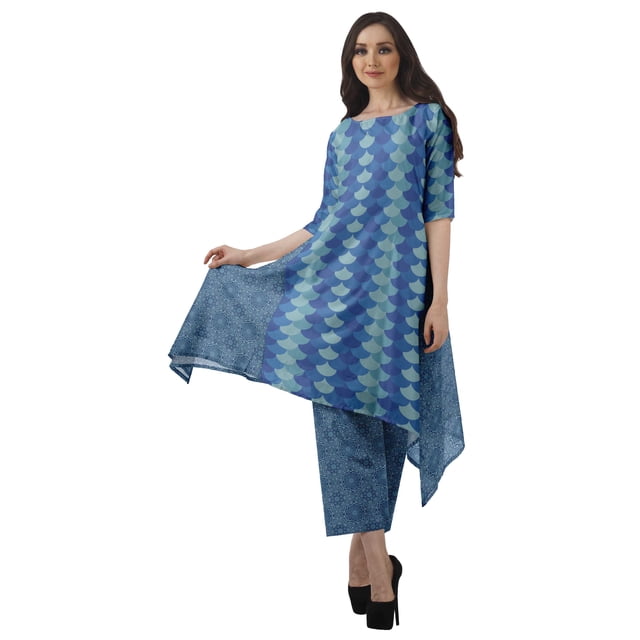 Moomaya Ensemble Kurti Asymétrique Imprimé pour Femme Grande Taille, Chanderi en Coton, 1 Unité