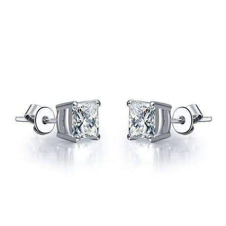 - Tiara Princess Cut IOBI Cultured Diamond Solitaire Stud Earrings Platinum / .75 Ct