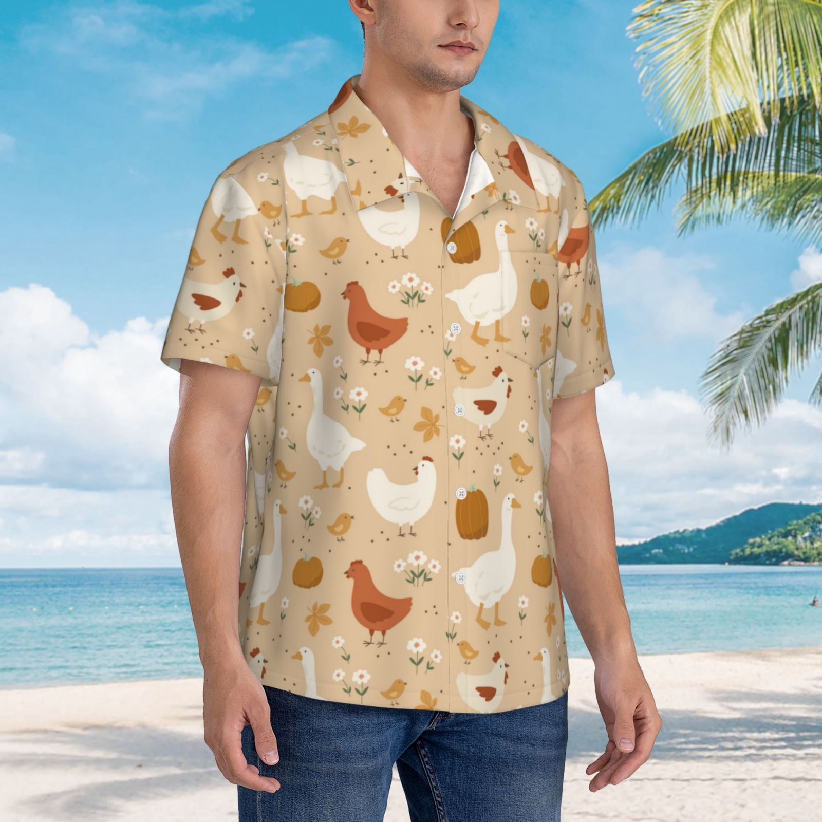 Logiee Autumn and Thanksgiving Print Mens Hawaiian Shirts,Loose-Fit Short Sleeve Button Down Tropical Aloha Beach Shirt,Summer Vacation Wedding Tops,X-Large