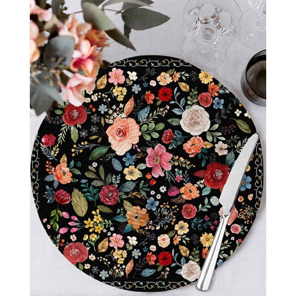 15 Inch Round Placemats Set of 6, Watercolor Flowers Non Slip Heat Insulation PP Table Mats, Farmhouse Floral Vintage Black Washable Place Mats for Kitchen Dining Party Table Decor
