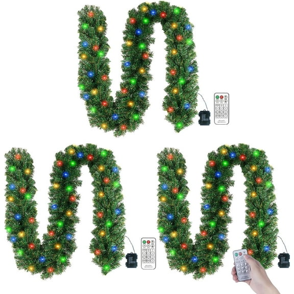 Christmas Garland with Lights & Timer & Remote- 3Pcs of 10ft Waterproof Battery Operated Lighted Garland with Colorful 50 LEDs for Mantle Stairs Railing Mantle Indoor Outdoor Christmas Decorations