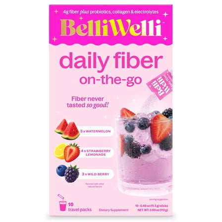 BelliWelli Daily Fiber Supplement with Probiotics, Electrolytes, and Collagen - Stickpack Variety 10 Count