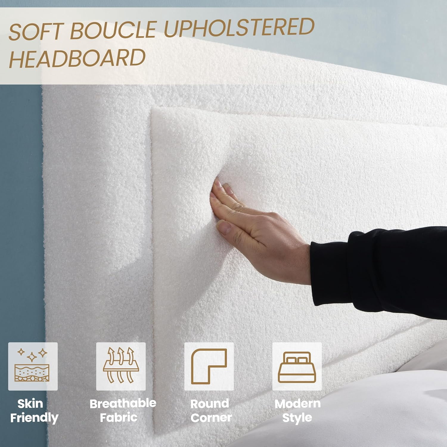Queen Size Cloud Bed Frame with Adjustable Upholstered Headboard, Modern Marshmallow Low Profile Platform Bed with Soft Boucle Fabric, No Box Spring Needed