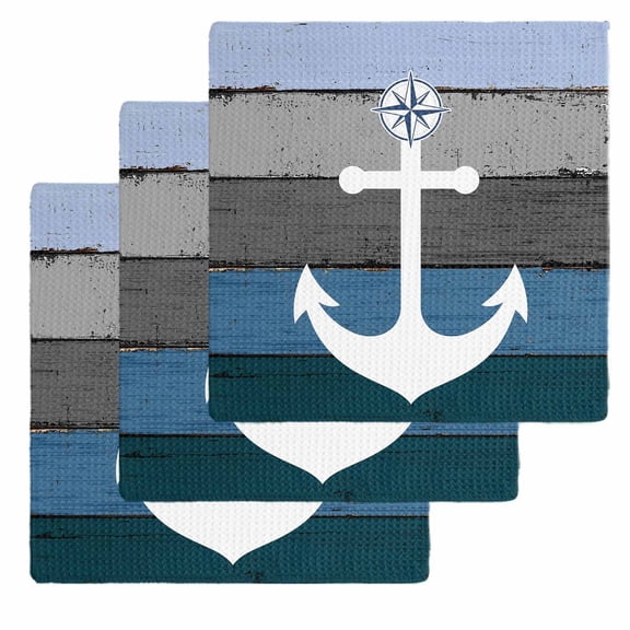 Blue Nautical Anchor Kitchen Dish Towels for Drying Dishes Set of 3, Rustic Distressed Wood Grain Waffle Weave Microfiber Hand Tea Bathroom Towels Quick Dry & Absorbent Towel 12x12