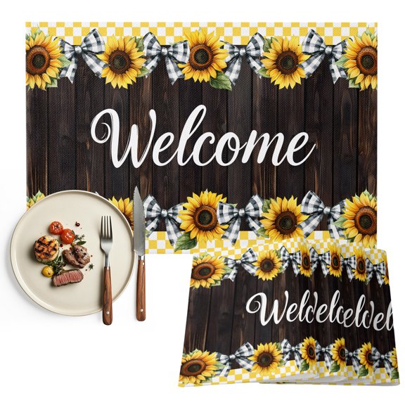 Yellow Sunflower Placemats Set of 6, Plaid Black Bows Plank Country Washable Wipeable Table Mats for Dining Tables, Indoor Outdoor Kitchen Place Mats for Holiday Party Table Decor