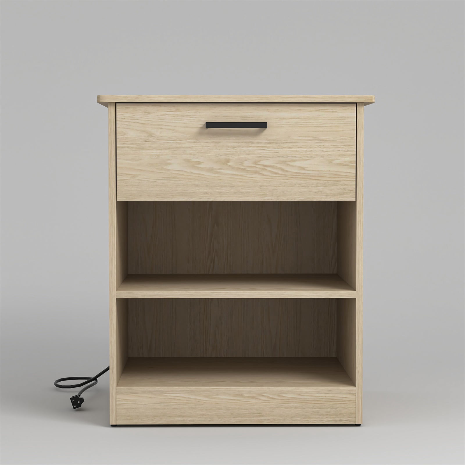 Hommoo Modern Nightstand with Charging Station, End Side Table Bedside Table with Drawer and Open Storage, Natrual