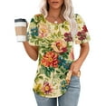 thumbnail image 2 of Enjoytime Women's Shirts Top Short Sleeve Flower Printed Shirts Tops Pleated Crew Neck Casual Loose Lightweight Blouses For Women, 2 of 5
