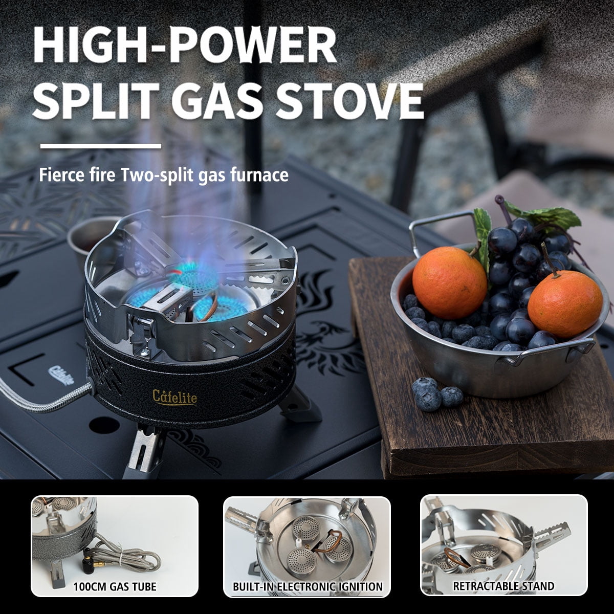 Cafelite 8500W Camping Gas Stove with Windshield, Portable 3-Burner Backpacking Stove, Propane & Butane Compatible Outdoor Cooking Burner with Carry Bag for Camping, Hiking and BBQ