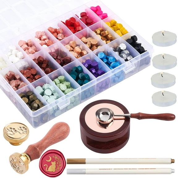 24 Colors Wax Seal Beads Kit 840PCS Sealing Wax Beads with 2PCS Sealing Wax Stamps Wax Melting Furnace Wax Melting Spoon 2PCS Marker Pen Candle
