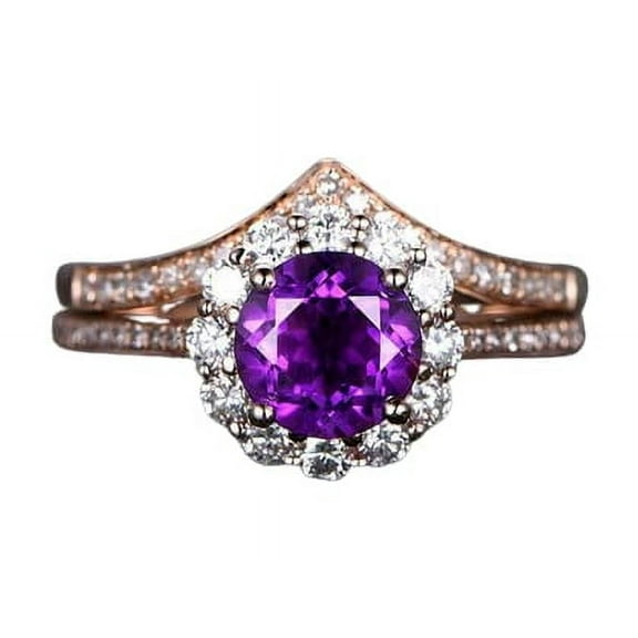 HeartsAndYou 2.5ct Natural Purple Amethyst Bridal Set Floral Ring Band 14k SOLID Rose Gold