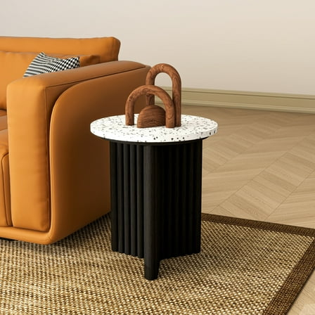 SHYFOY Modern Side Table – Faux MarbleTop with Black Ribbed Wood Base Accent End Table for Living Room