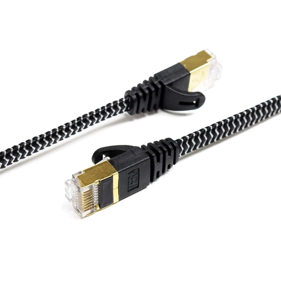 Tera Grand - 12FT - CAT7 10 Gigabit Ethernet Ultra Flat Patch Cable for Modem Router LAN Network - Braided Jacket, Gold Plated Shielded RJ45 Connectors, Faster Than CAT6a CAT6 CAT5e, Black & White
