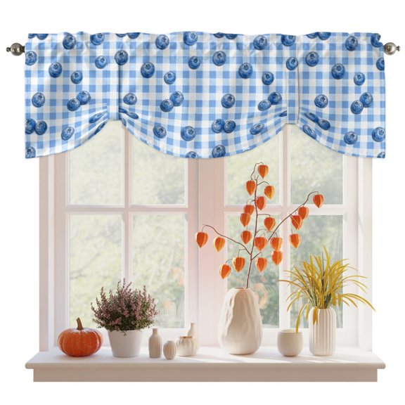 Blue Blueberry Tie Up Valance Curtains for Windows, Kitchen Curtains Window Treatments, Checkered Fruits Farmhouse Art Short Window Shades Valances for Bedroom Bathroom Cafe 42"x12"