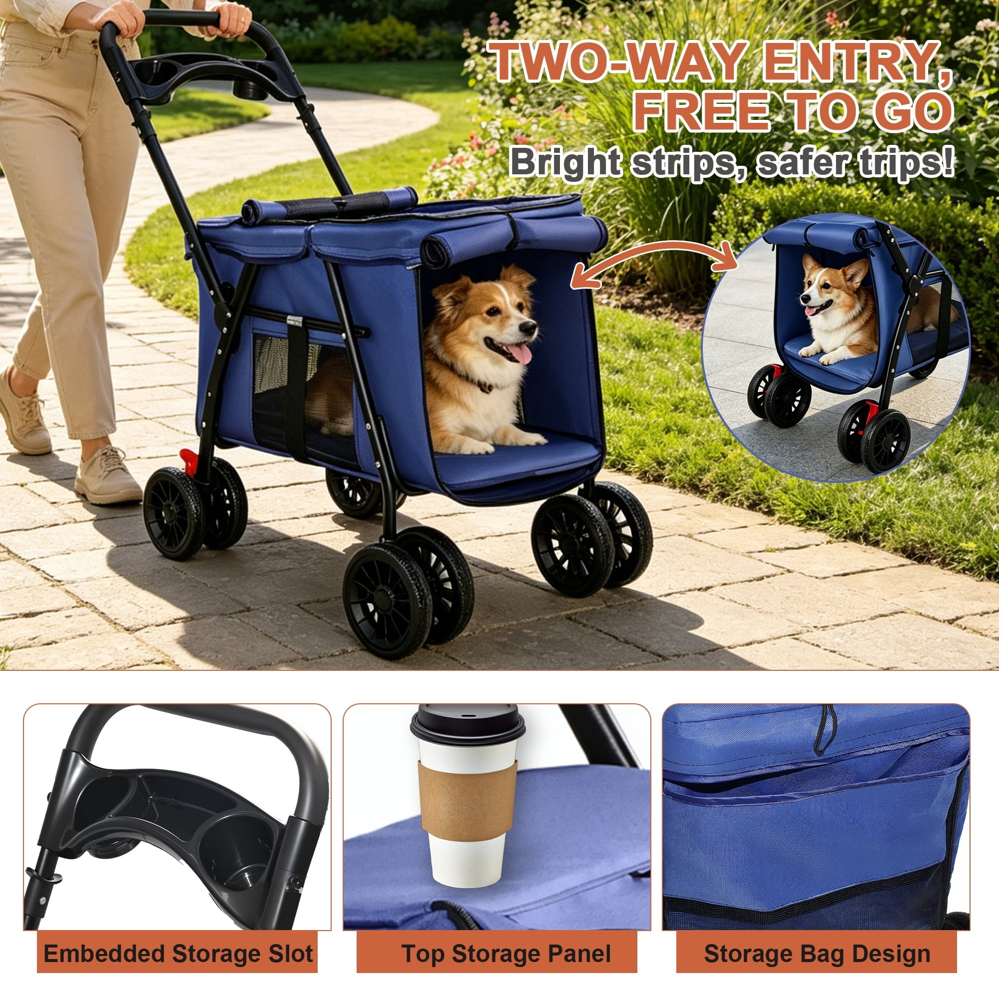 4-Wheel Folding Pet Stroller for Small Dogs and Cats, Pet Rolling Carrier with Storage Bag, Breathable Mesh & 2 Safety Leashes