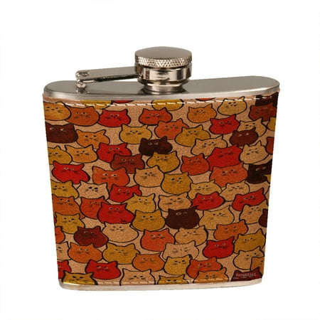 

KuzmarK 6 oz. Leather Pocket Hip Liquor Flask - Very Tiny Orange and Brown Chubby Kitties Earth Tones Art by Denise Every