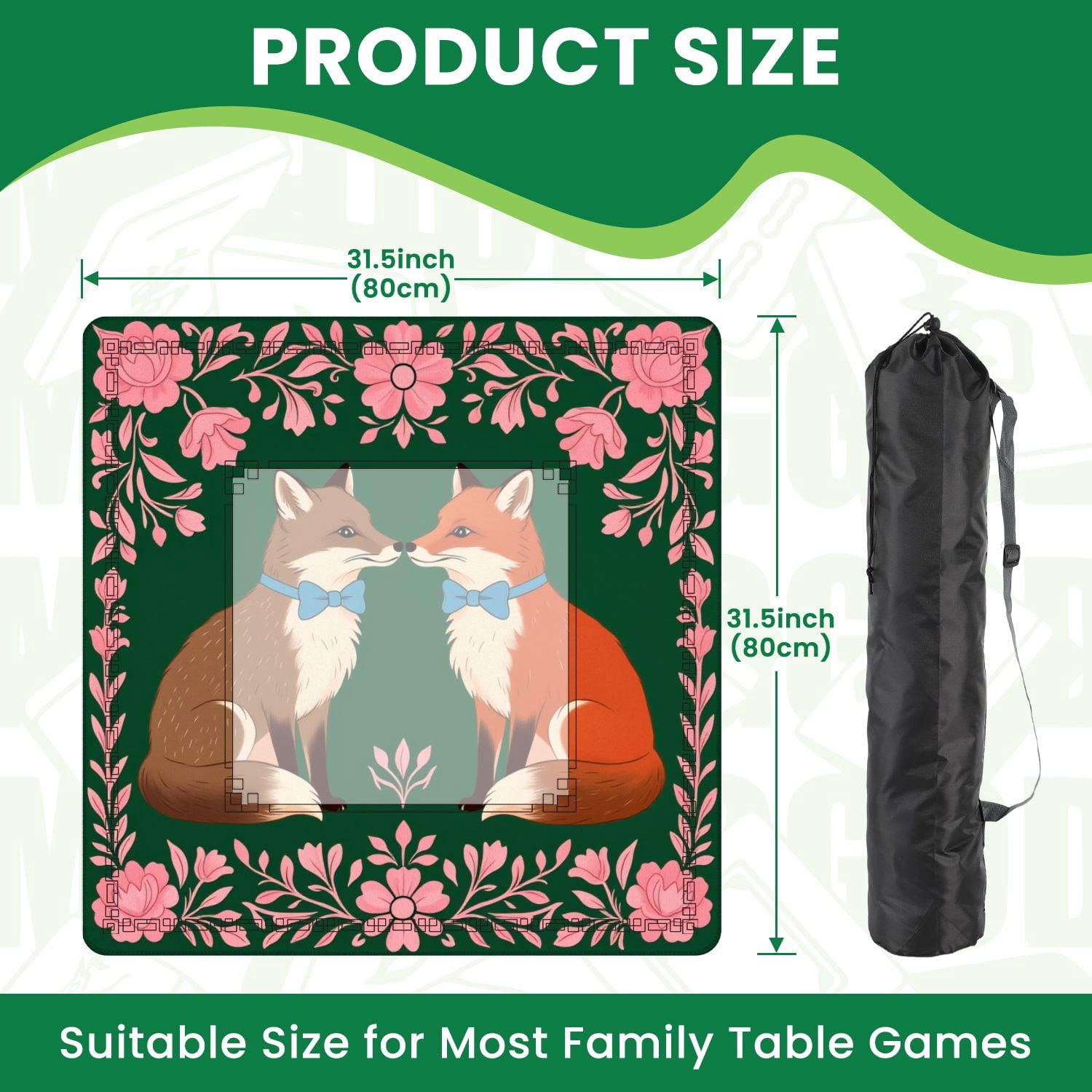 Mahjong Mat 31.5" x 31.5" Cute Fox Pair Blue Bow Ties Surrounded by Pink Floral Border Dark Non-Slip Noise Reduction American Mahjong Tiles Table Cover for Dominoes Poker Card Board Games Gift