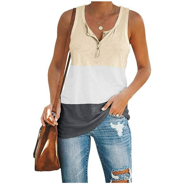 Puntoco Mujeres Casual Corto Sin Mangas Cuello en V Raya Suelta Camiseta Blusa tops Chaleco Puntoco Puntoco-687