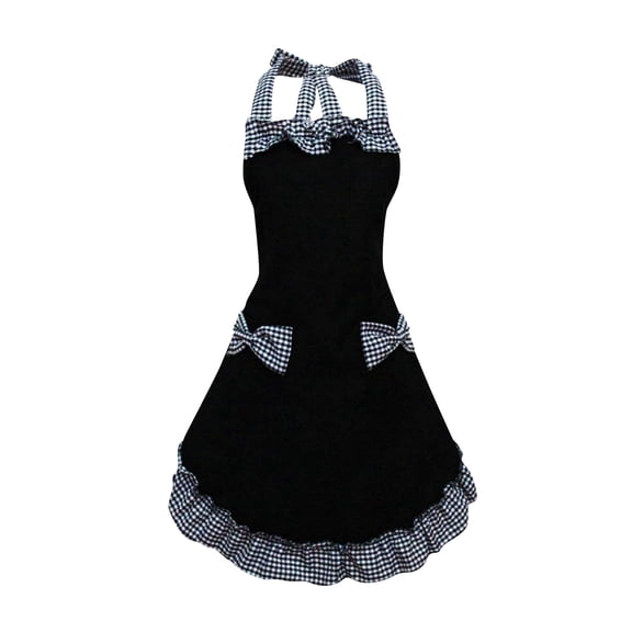 Women’s Ruffled Apron with Gingham Trim and Bows Adjustable Neck and Waist Straps for Cooking Baking Kitchen Use