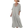 thumbnail image 2 of Ndbuld Robe d'Été Bohème pour Filles Robe de Soleil Mode Décontractée pour Femmes Col en V Couleur Unie Manches 3/4 avec Poches Robe Longue Liquidation à Moins de 5$, 2 of 6