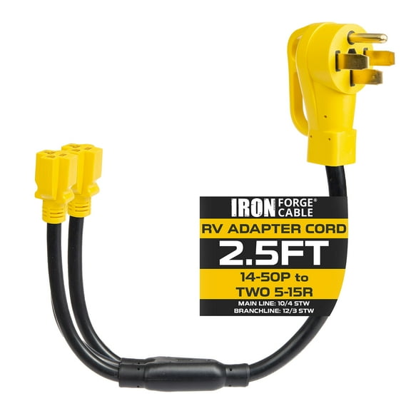Iron Forge Cable RV Cord, Female Generator and RV Electrical Adapter Power Cord, Male Plug to Two 5-15R Female, 2.5 Ft Plug Adapter - 10/4 STW Yellow