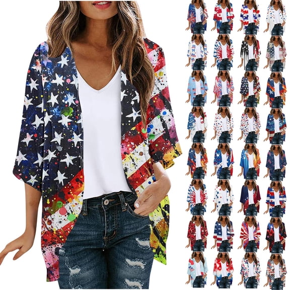 lcziwo Woman 3/4 Length Sleeve Chiffon Cardigan Independence Day American Flag Patriotic Cover Ups Kimonos 4th of July Outfits Red XL