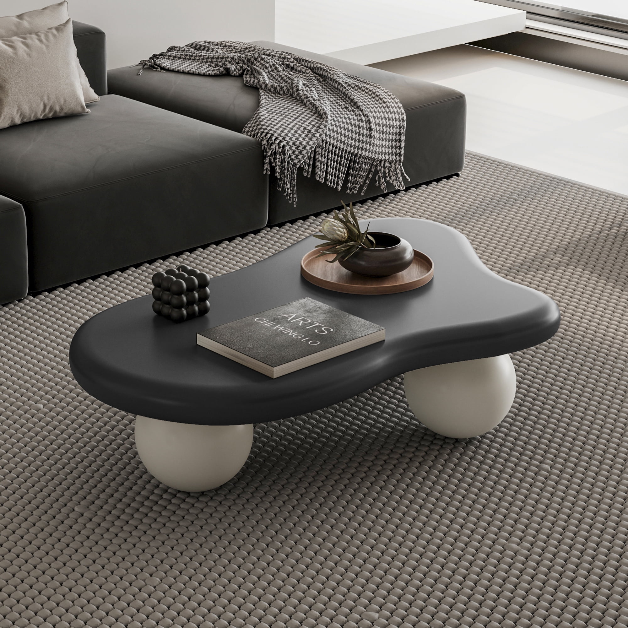 40'' Cloud Shaped Coffee Table, Modern Round Edge Coffee Table with 3 Sturdy Ball Legs, Irregular Center Table Tea Table for Living Room Apartment Office
