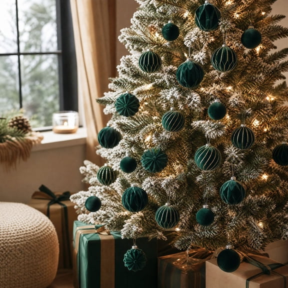 Flocked Christmas Ball Ornaments Set, Mixed Style Hanging Tree Decorations for Holiday Party Wedding Decor 18 Pack