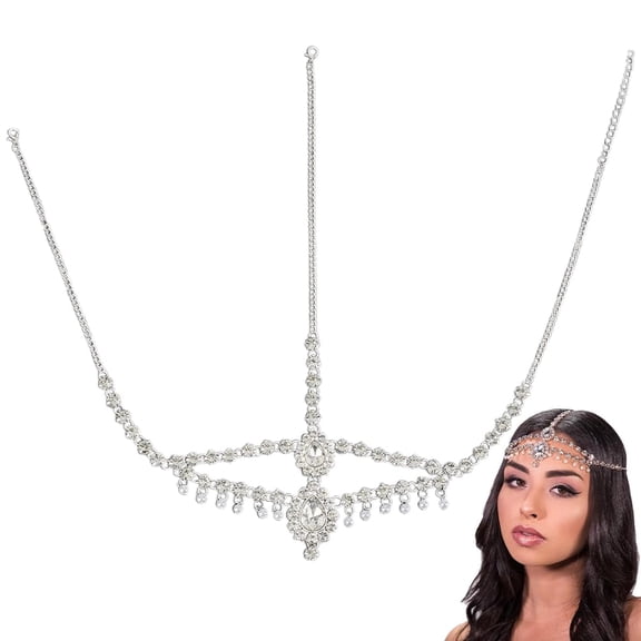 Silver Rhinestone Head Chain Double Layers Forehead Chain with Pearl Pendant Gem Flapper Headpiece Boho Hair Jewelry Accessories for Women Wedding Party Belly Dance Cosplay 1set