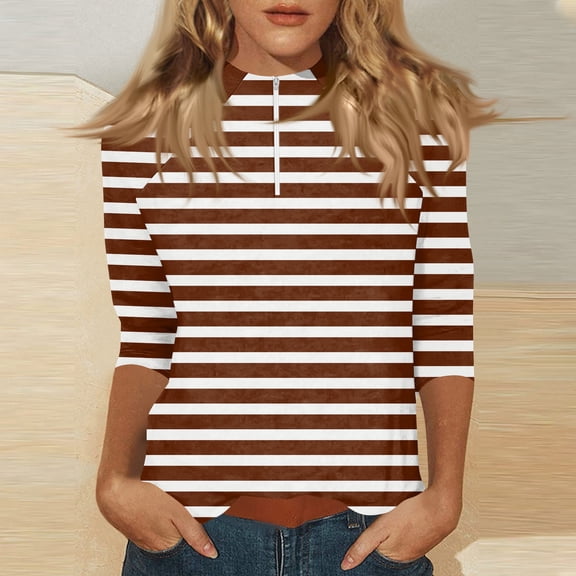 Women's 3/4 Sleeve Polo Shirt - Stand Collar with Full-Zip Front, Sporty Yet Stylish Solid Color Top Wine 3XL