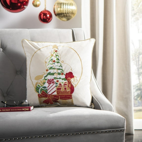 SAFAVIEH Junie Christmas Tree 18" x 18" Decorative Holiday Pillow, Beige/Red