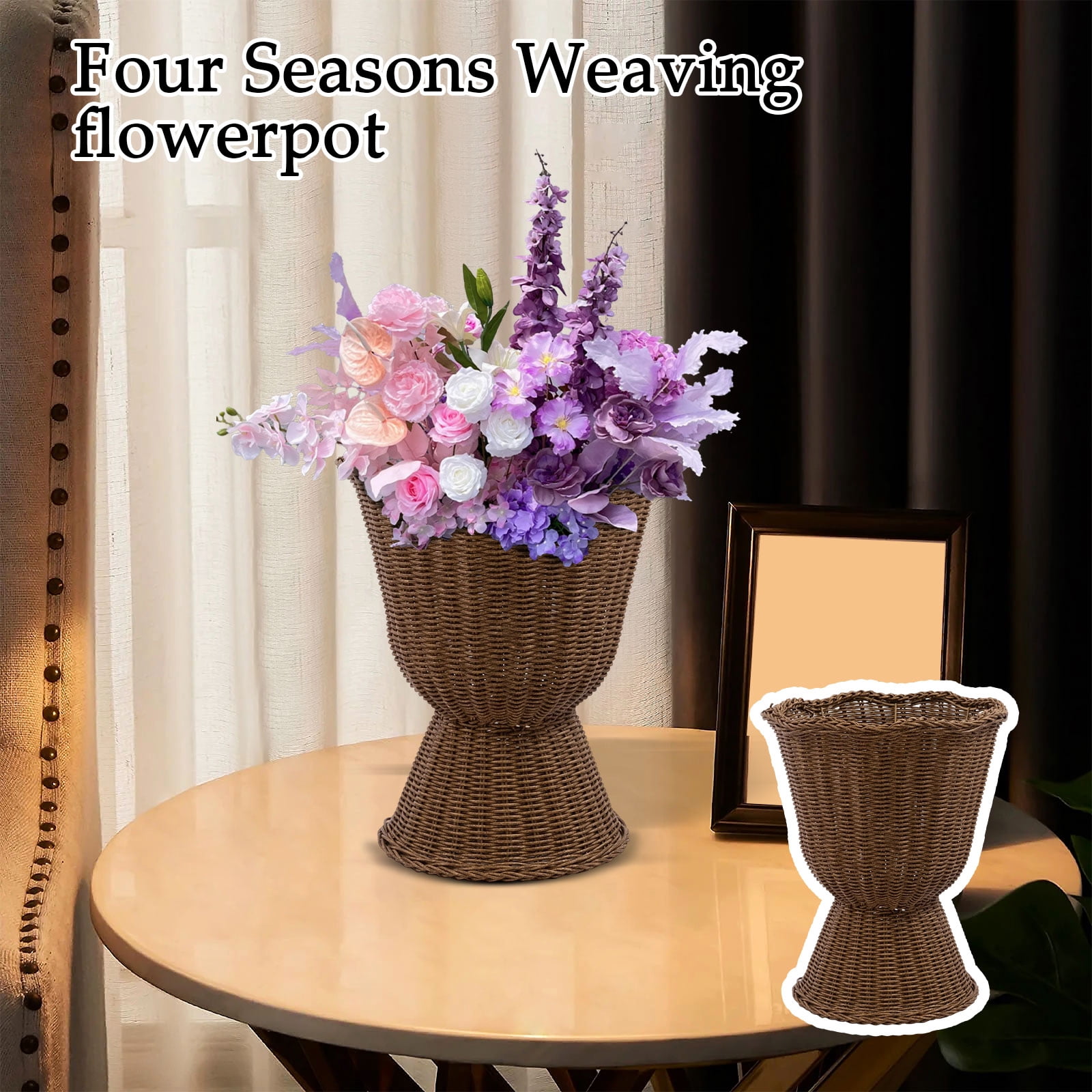 16" Woven Resin Urn Planter, Decorative Rattan-Style Wicker Flower Pot with Waterproof Lining for Indoor Outdoor Home Decor
