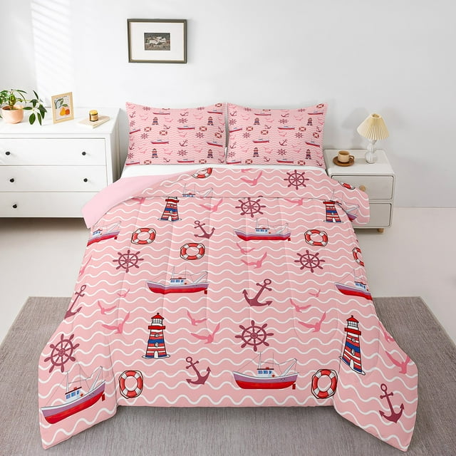 Erosebridal Ensemble de Literie Nautique Gouvernail Voilier, Couette Simple, Couette Ancre Phare, Rayures Géométriques Roses Décoratives, Réversible 2 Pcs
