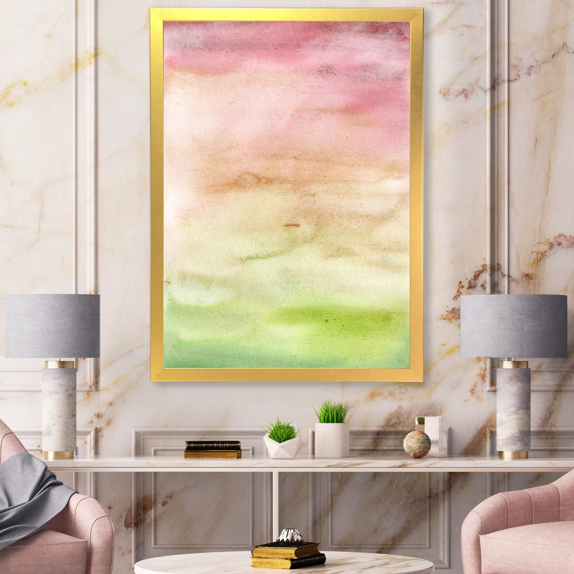 Designart 'Abstract Sunset With Pink Green and Beige' Modern Framed Art Print