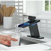 LED Bathroom Basin Sink Faucet Black Waterfall Spout Mixer Tap w/ Cover