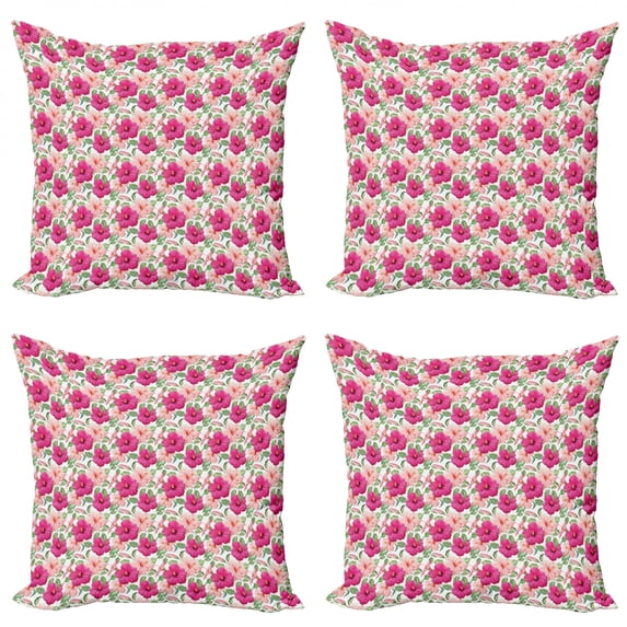 Tropical Throw Pillow Cushion Case Pack of 4, Pastel Hibiscus Petals Exotic Bouquets Blooms Paradise Beach Plants, Modern Accent Double-Sided Print, 4 Sizes, Magenta Peach Fern Green, by Ambesonne