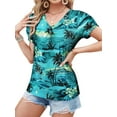 thumbnail image 5 of Nlife Women Puff Short Sleeve Hawaiian Shirts Floral Tropic Printed Top Pleated V Neck Boho T-shirt Summer Casual Trendy Boho Blouse, 5 of 9