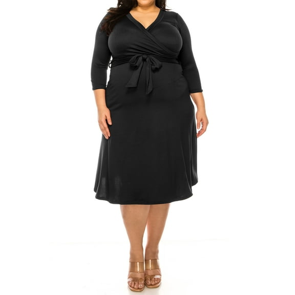 Women's Plus Size Wrap Dress 3/4 Sleeve V Neck Waist Tie