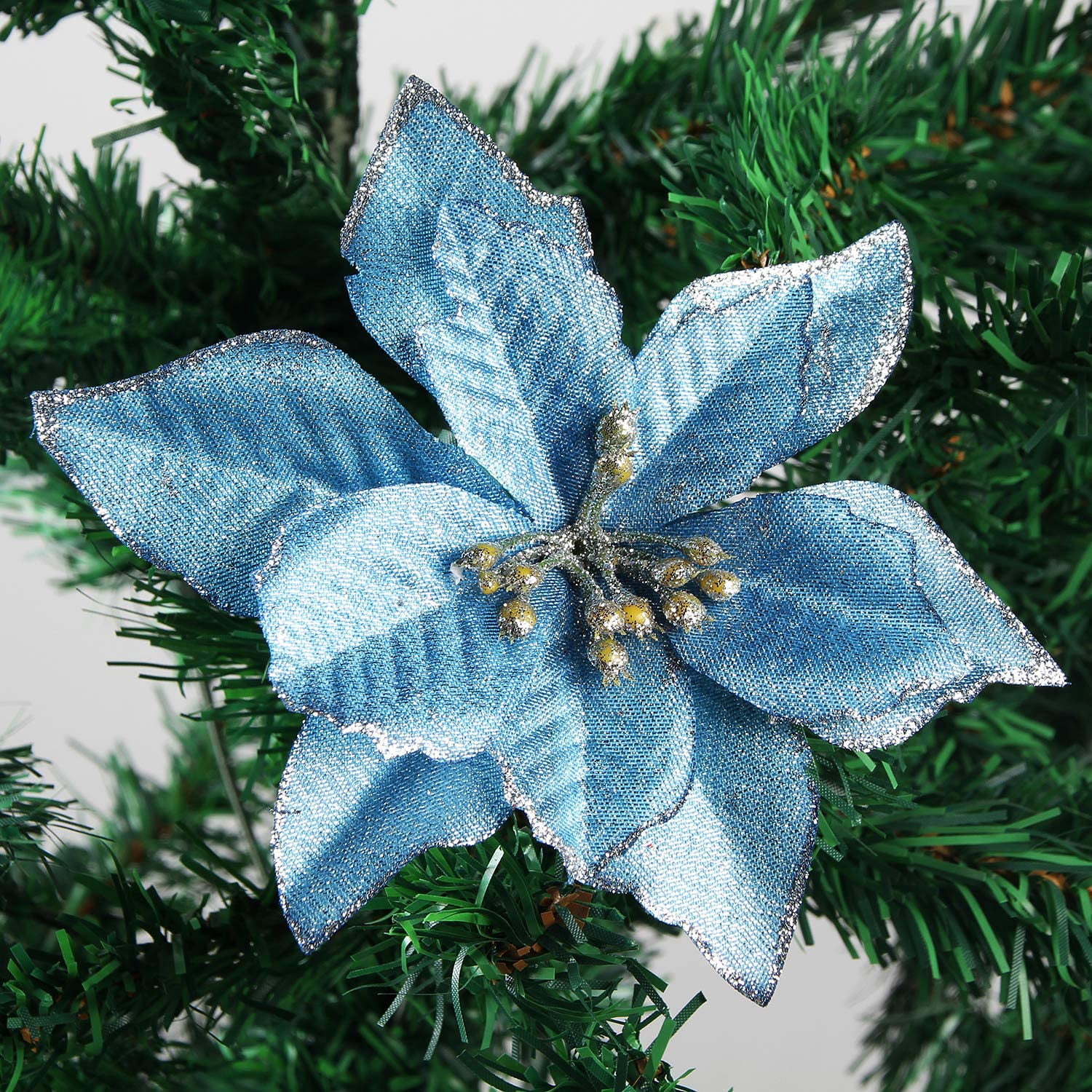 12 Pack Silver Christmas Glitter Poinsettia Flowers Decorative Artificial Poinsettia Flowers - Blue