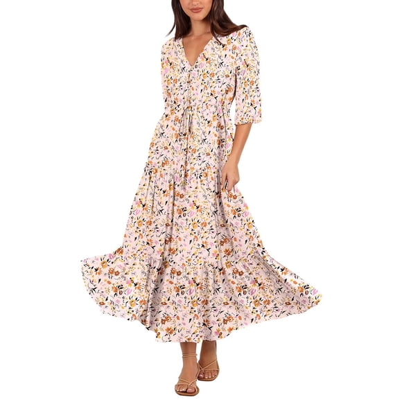 Vestido largo BWQ con estampado floral y cuello en V y media manga para mujer
