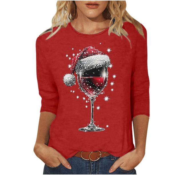 Camisetas de Manga Larga de las Mujeres Impresión de Navidad Cuello Redondo 3/4 Manga Suéter Superior, Moda Informal para Fiesta de Vacaciones Y Uso Diario