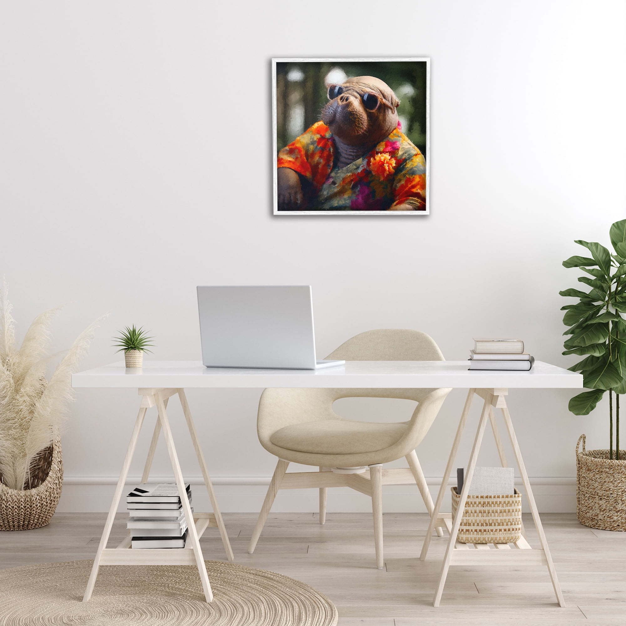Stupell Industries Manatee with Aloha Shirt Animals & Insects Painting White Framed Art Print Wall Art, 24 x 24