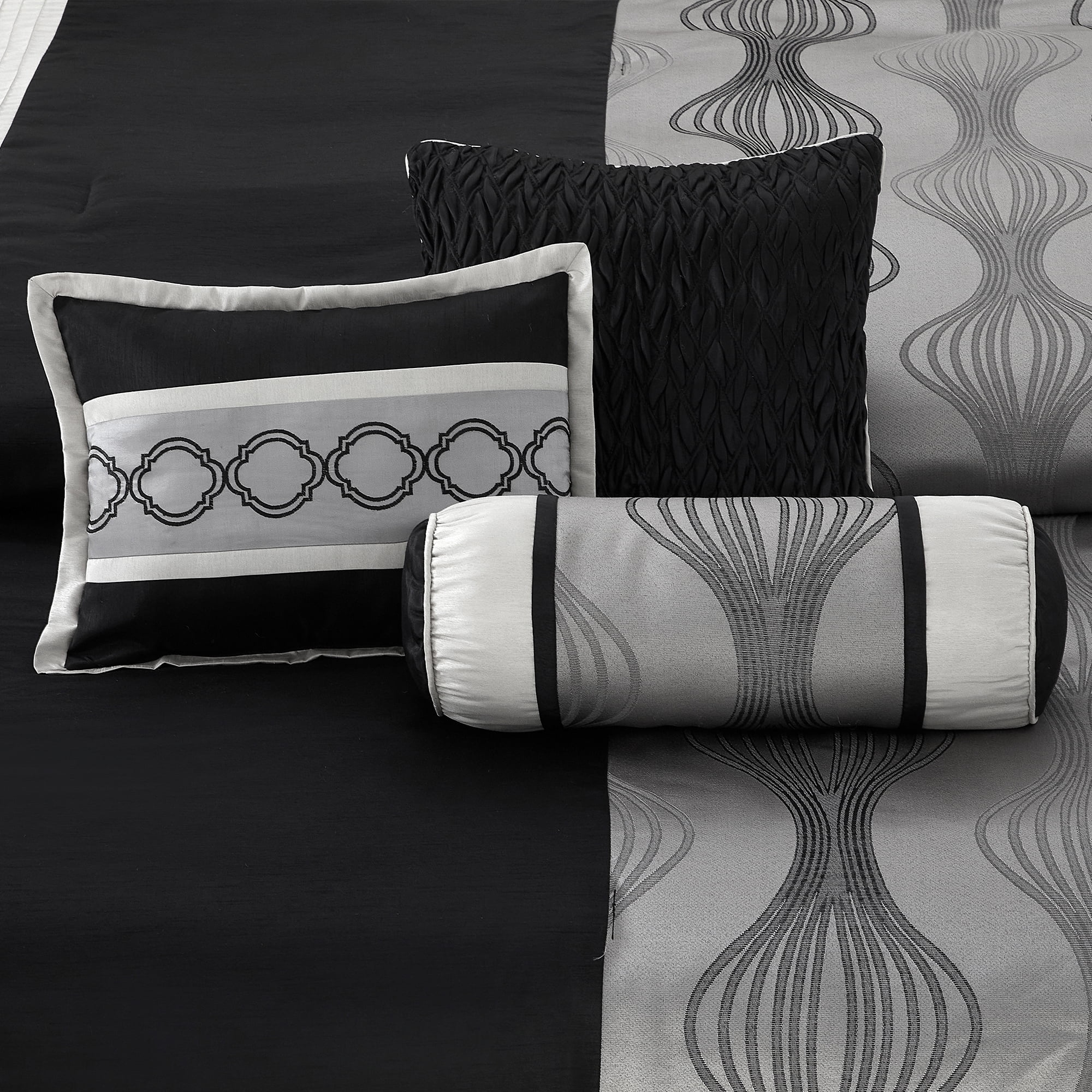 Lanco Black and Silver Comforter Set Queen Size, 7 Pieces Bedding & Collection, Jacquard All Season Comforter & Pillows, Ultra-Soft Microfiber