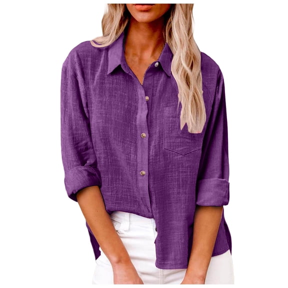 Women Lapel Long Sleeve Casual Shirt Spring Summer Solid Color Pocket Detail Side Slit Top