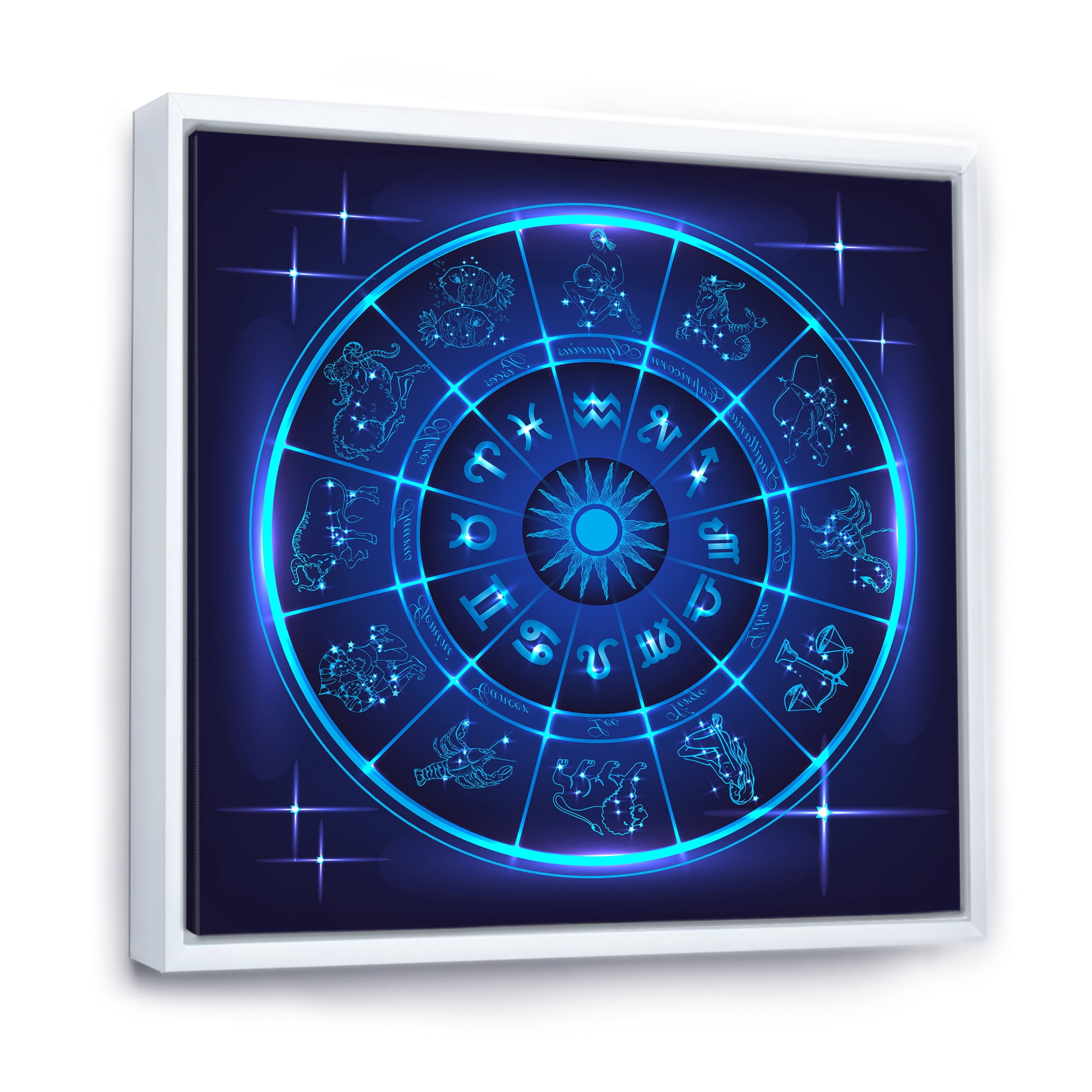 Designart 'Zodiac Signs With Neon Deep Blue Horoscope Circle' Modern Framed Canvas Wall Art Print