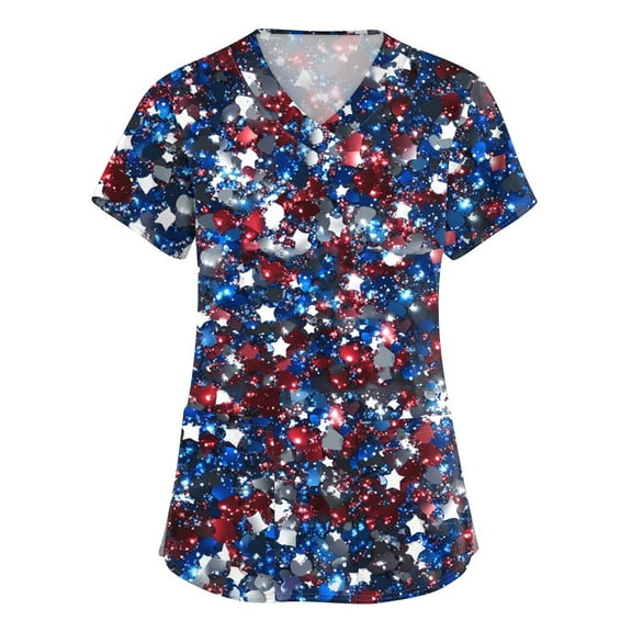 4Th Of July Tops For Women, Scrubs Tops V Neck Short Sleeve Workwear With Pockets Red White And Royal Blue American Flag Top Scrubs Women Designs Petite Scrubs Tank Tops (XXL, Dark Blue) ZMTing