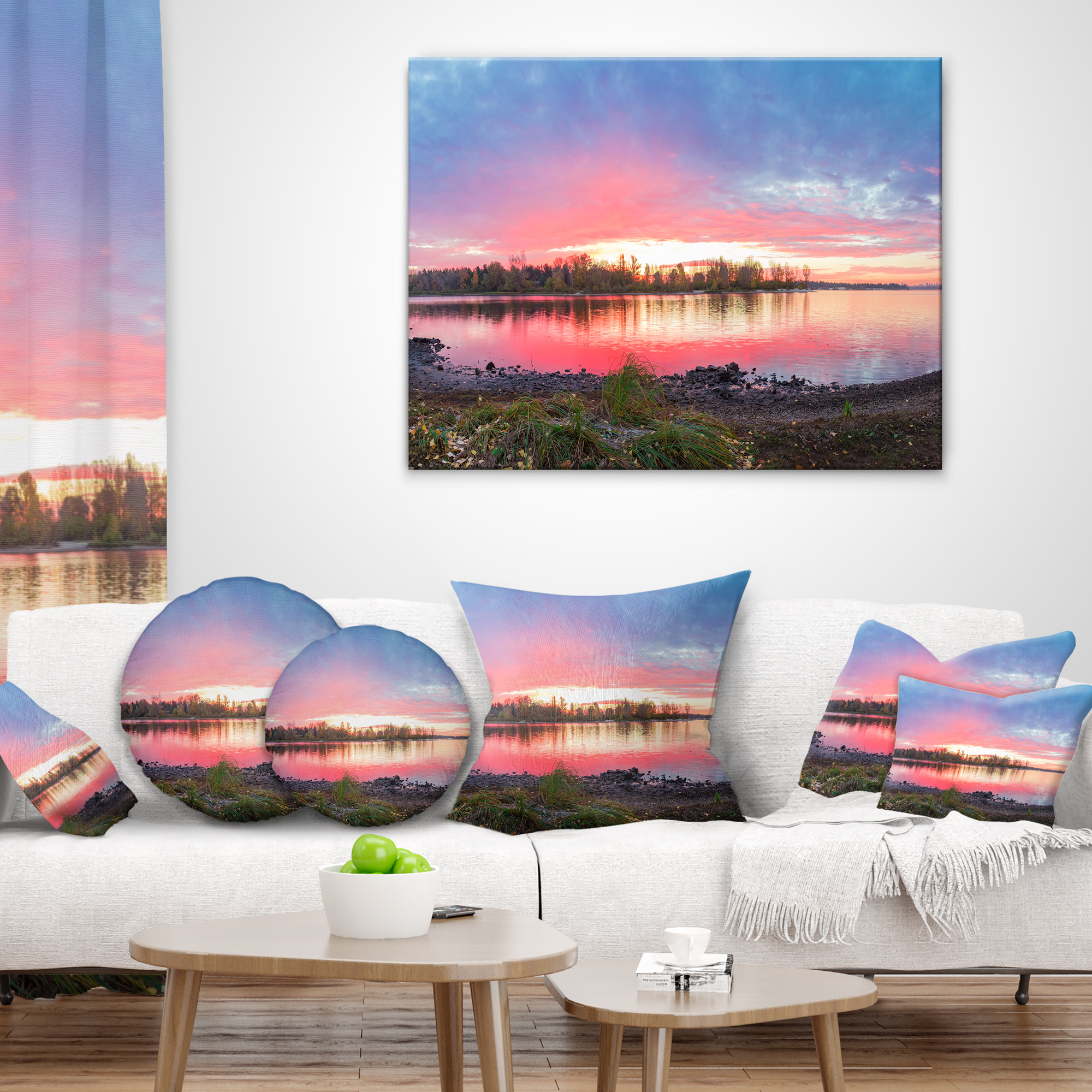 Designart Beautiful Fall Sunrise Over River - Landscape Printed Throw Pillow - 18x18