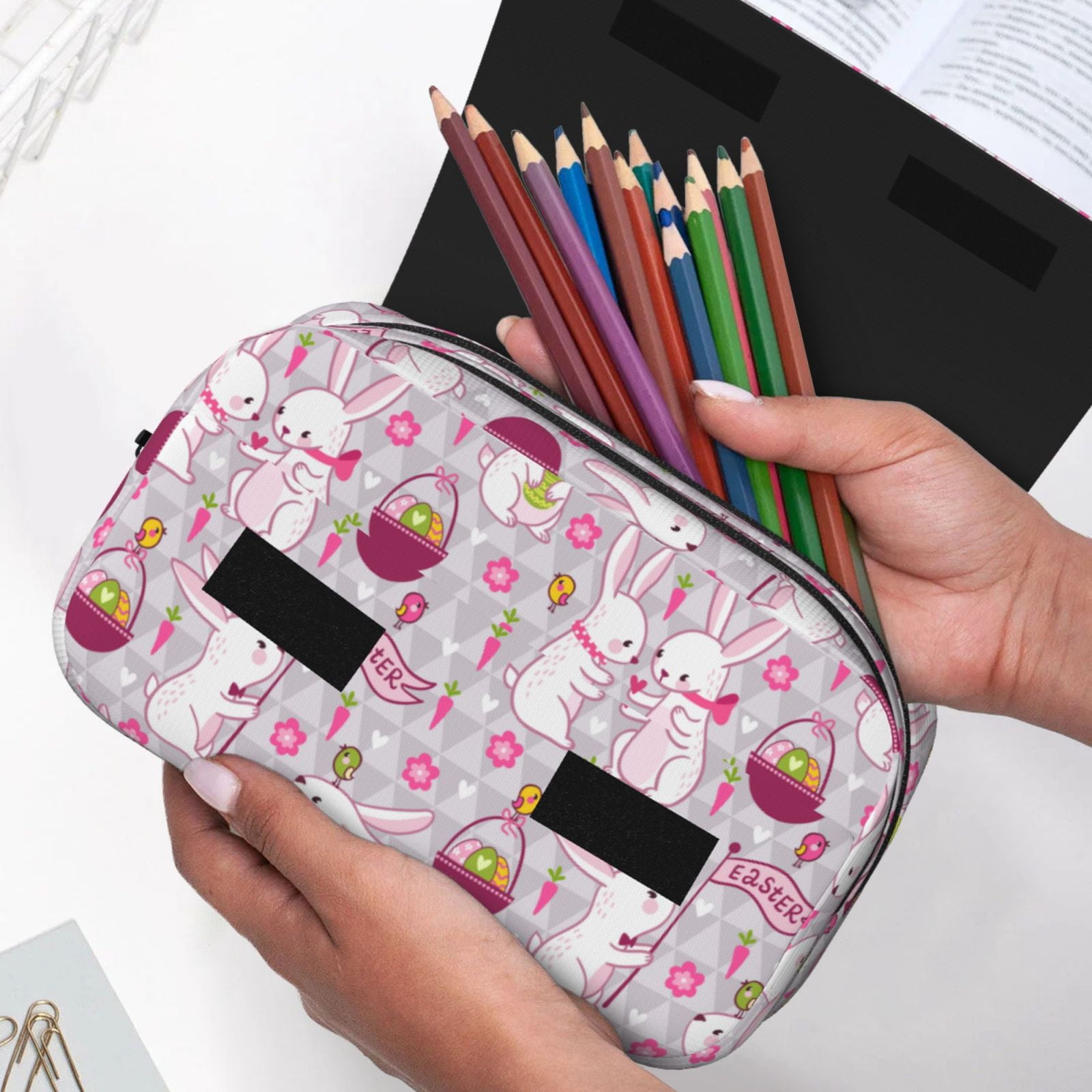 Rateoe Easter Rabbit Pattern Double Clamshell Pen Case, Storage Organizer with Two Zipper Compartments– Holds Up to 50 Pencils & Pens