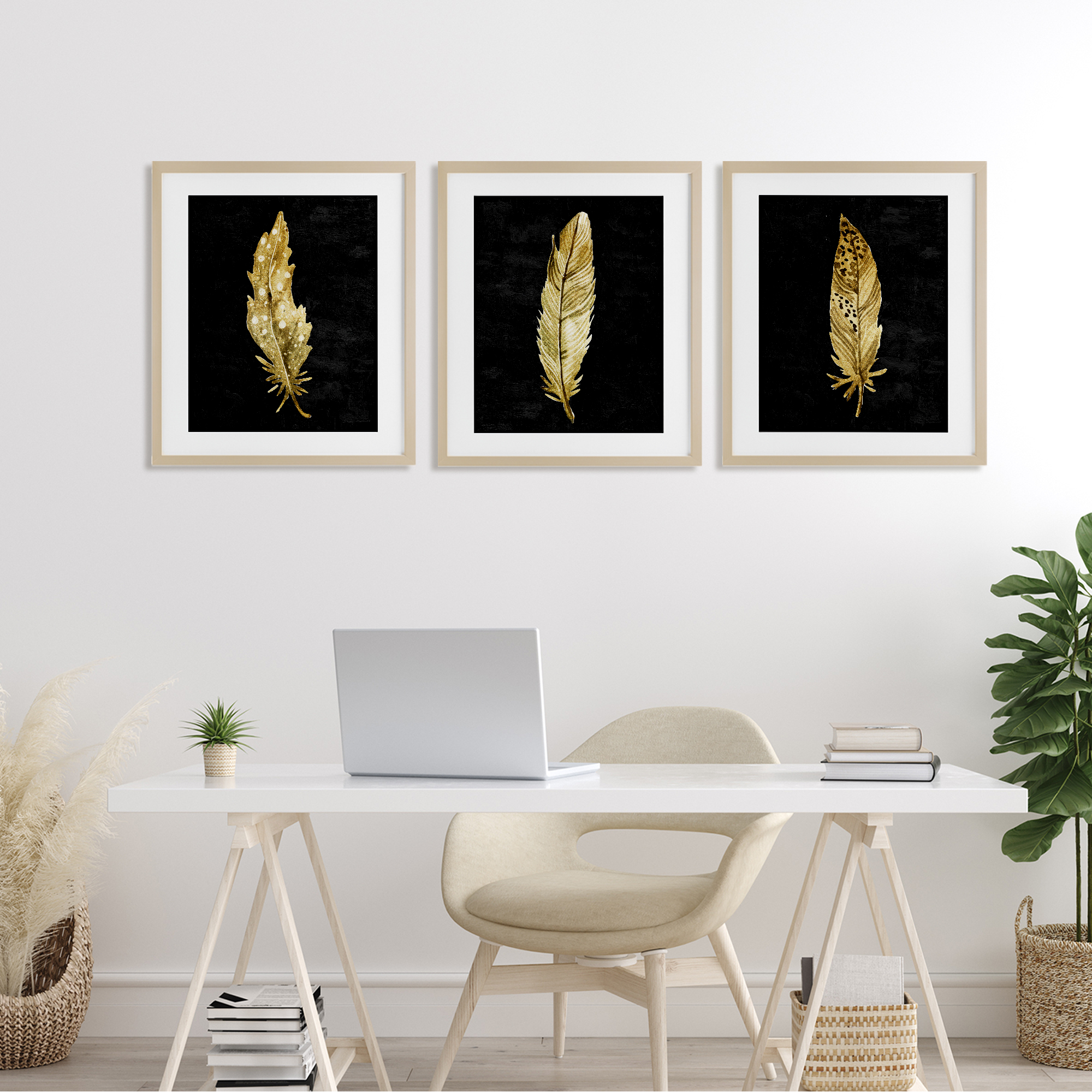Black & Gold Feathers 3 Piece Birch Framed Print Under Glass Set, design by Kim Allen