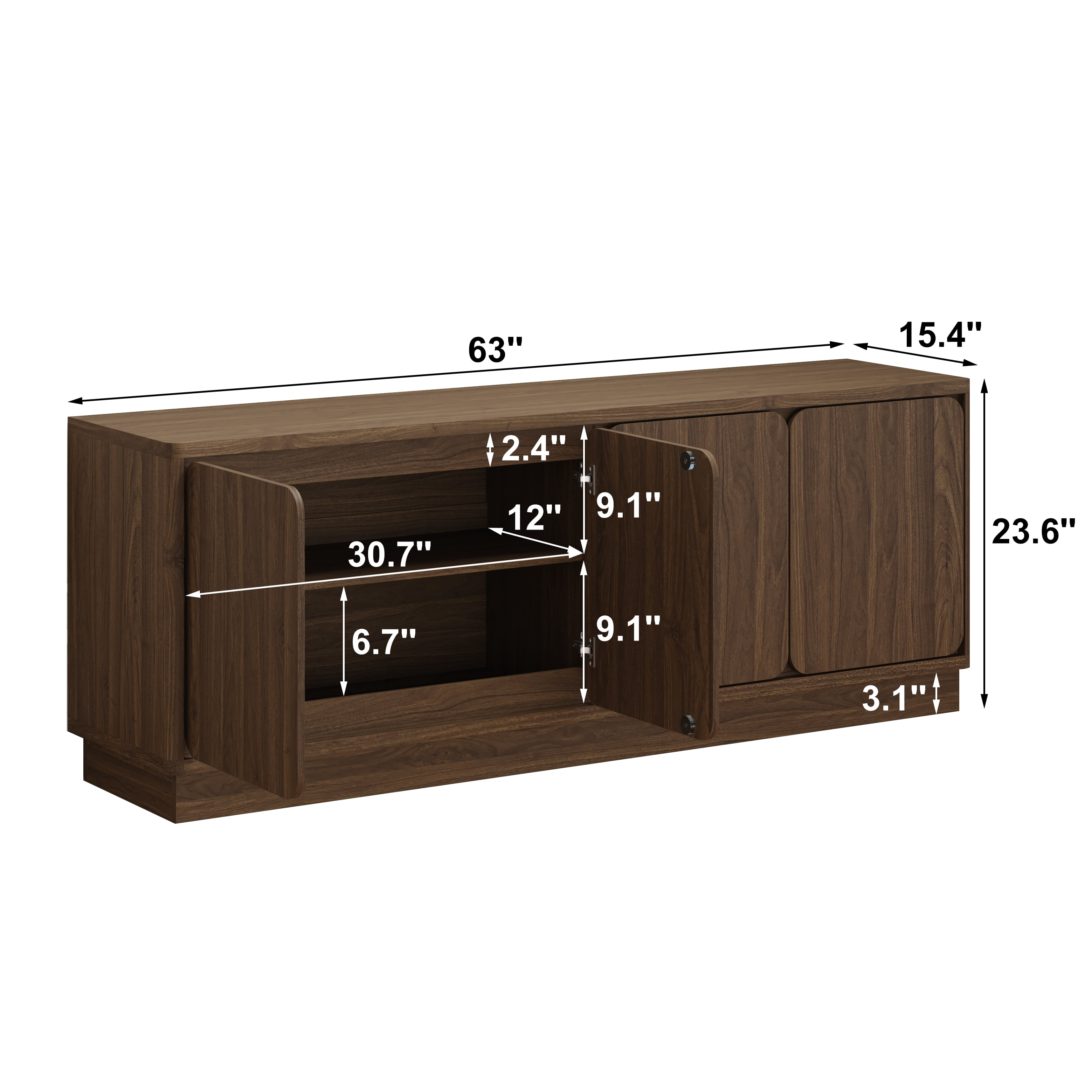 Mintazer 63'' TV Stand with 4 Storage Doors, Low Profile Storage Media Console Table with Cable Holes for Living Room, Kitchen, Bedroom & Entryway, Walnut